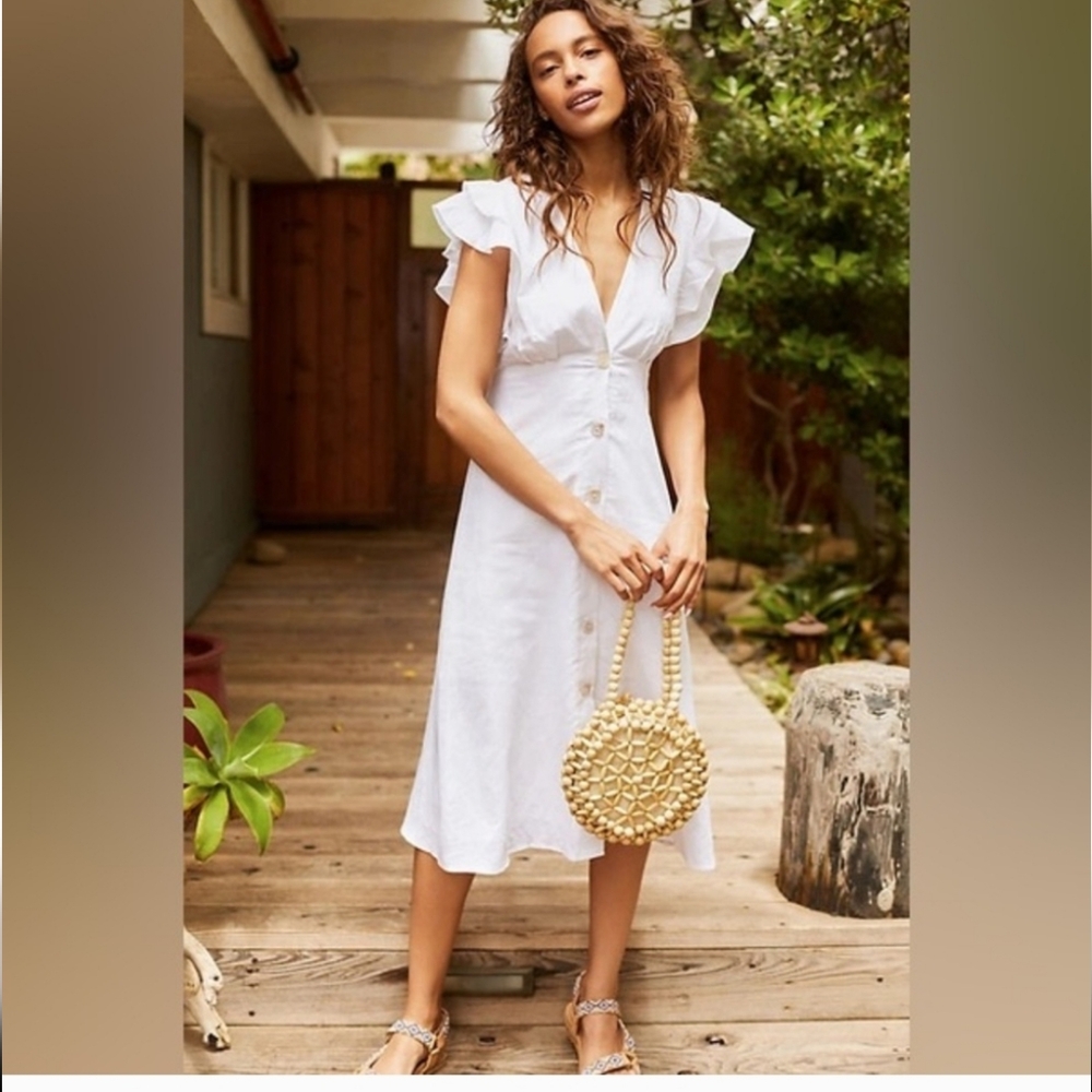 Anthropologie Charlie Holiday White Midi Dress with Ruffle Sleeves